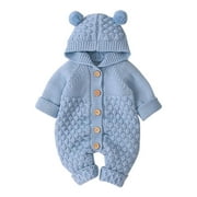Clearance Newborn Onesies Children's Jumpsuit Autumn/Winter Solid Color Cute Cartoon Buckle Up Knitted Climbing Suit Party Birthday Outing Baby Gifts for Girls (Blue,66)